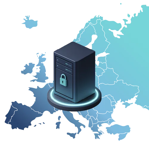 Sicherer Server mit geschlossenem Schloss auf einer Europakarte, platziert auf Deutschland — Daten in der EU, Hauptstandort Deutschland.