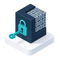 Datenblock mit Schloss und Schlüssel — AES-256-Verschlüsselung.